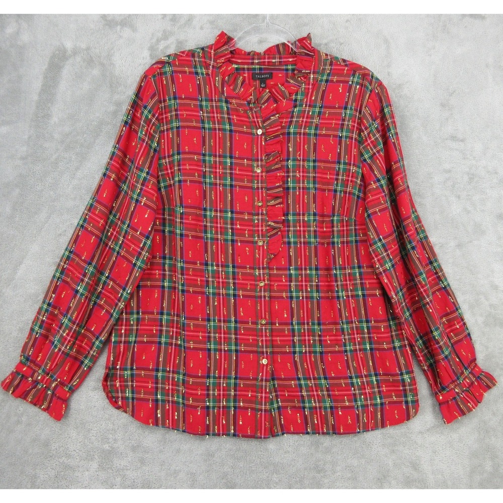 Talbots Shirt Womens Size L Plaid Ruffle Metallic Gold Holiday Christmas Button